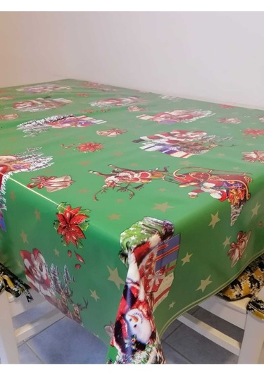 Yeni Yıl Desenli Elyaflı Pvc Muşamba - Silinebilir Masa Örtüsü Yeşil