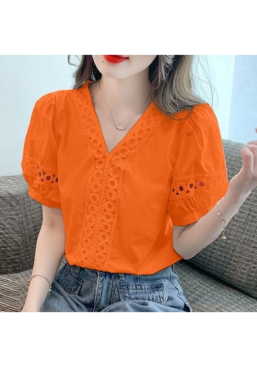 Vonda Kadın Yazlık Rahat V Yaka Puf Kısa Kollu Dantel Eklemeli Düz Renk Bol Bluz Turuncu