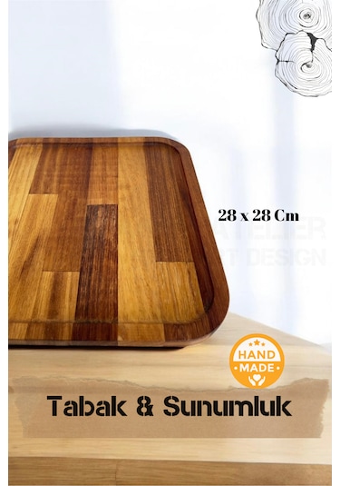 El Yapımı Iroko Ağacı Ahşap Tabak & Sunumluk 28x28 Cm