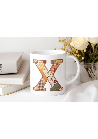 X Harfi Sonbahar Kış Temalı Yamalı Tasarım Kupa Bardak - Etnik Ve Pathwork Severlere Özel Hediye Beyaz
