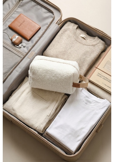 Fluffy Fermuarlı Organizer Çanta Xl Bej