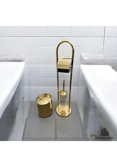 İsaoğlu Yapı Gold Kova Banyo Seti Klozet Fırçası Tuvalet Kağıtlığı Komple Pirinç Set Gold Banyo Gold Altın