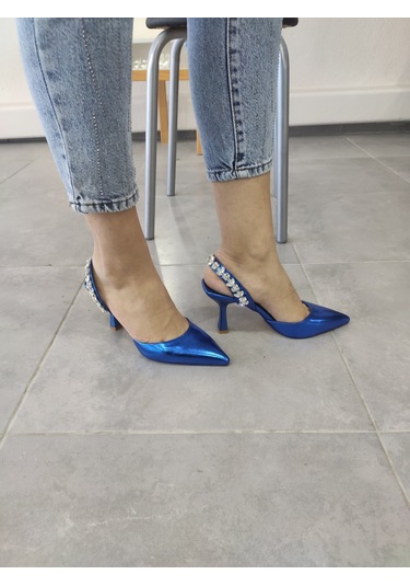 Tarzbu Lks İnce Topuklu Taşlı Parlak Mavi Renk Abiye Ayakkabı Mavi