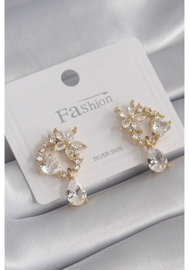 Ezoconcept Pirinç Gold Renk Zirkon Taşlı Çiçek Model Sallantı Detay Kadın Küpe Çok Renkli