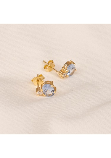 Altın Küpe - 14 Ayar Altın Oval Blue Topaz Taşlı Tektaş Küpe Sarı