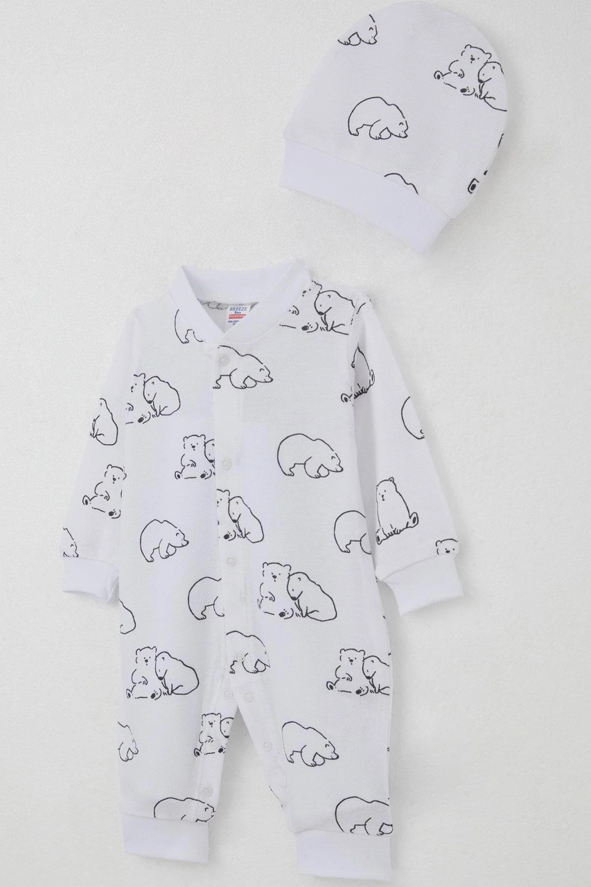 Breeze Erkek Bebek Tulum Sevimli Kutup Ayıcığı Desenli 0-6 Ay, Beyaz Beyaz