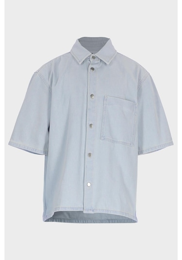 Erkek Buz Mavisi Regular Kalıp Kısa Kollu Patı Düğmeli Jean Gömlek C 4553-109 Buz Mavi