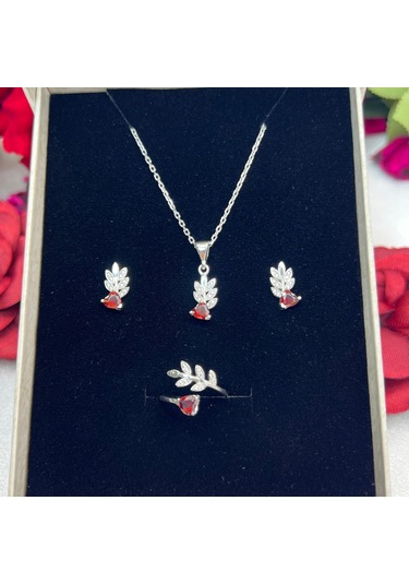 Kırmızı Kalp Taşlı Yaprak Model Kadın 3'lü Set 925 Ayar Gümüş Zirkon Taşlı Gümüş