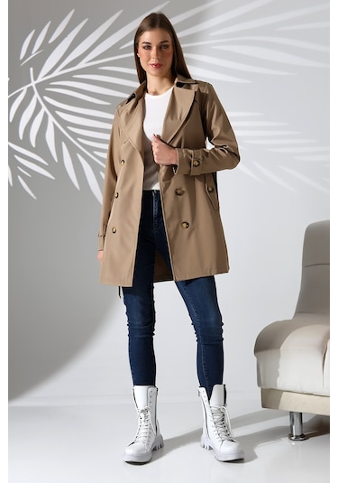 Kadın Degaje Kuşaklı Yarım Boy Astarlı Uzun Kollu Döğmeli Trençkot Vizon Vizon