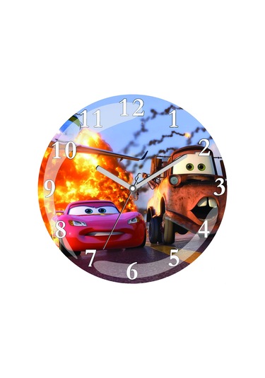 Şimşek Mcqueen Arabalar Çocuk Odasına Çap 30cm Sessiz Akar Bombeli Gerçek Cam Duvar Saati Çok Renkli