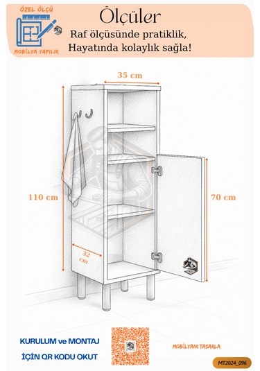Tamamı Mdf Tek Kapaklı Havluluklu Banyo Dolabı Çok Amaçlı Dolap