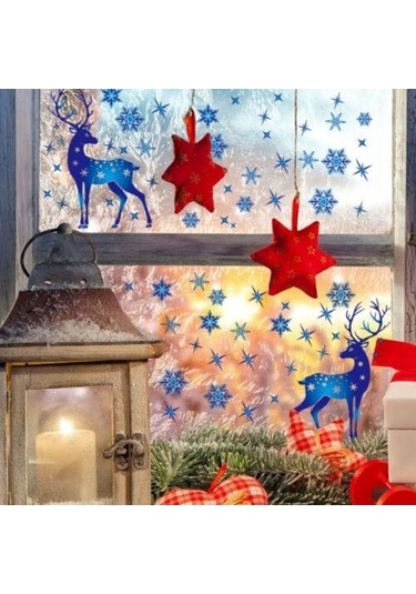 Pazly 5 Yaprak Noel Dekorasyon Çıkartması Cam Pencere Mavi Elk Statik Süsler 20x30cm 5pcs-05