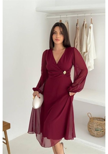 Neşeli Butik Kadın Bordo Astarlı Tokalı Şifon Elbise Nbk30281 Bordo