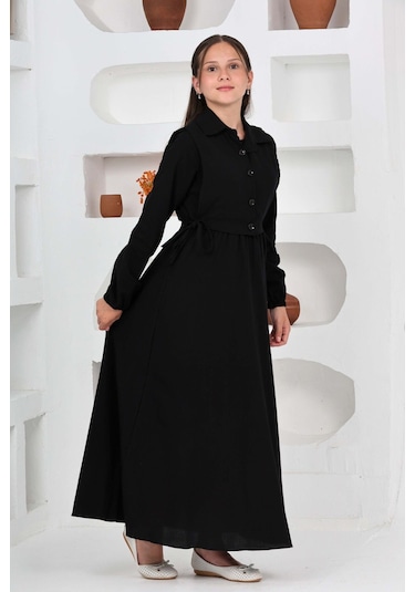 Kız Çocuk Uzun Boy Gofre Kumaş Jile & Elbise İki Parça Takım Astarlı Zarif Set-4948 Siyah