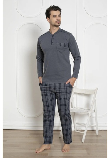Erkek Ekose Desen Likralı Pamuk Uzun Kol Kışlık İnterlok Göğüs Cepli Pijama Takımı Füme