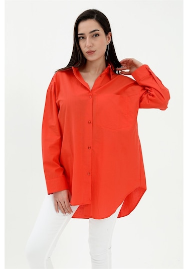 Tek Cepli Kolları Katlı Oversize Kalın Keten Gömlek - Turuncu-turuncu Turuncu
