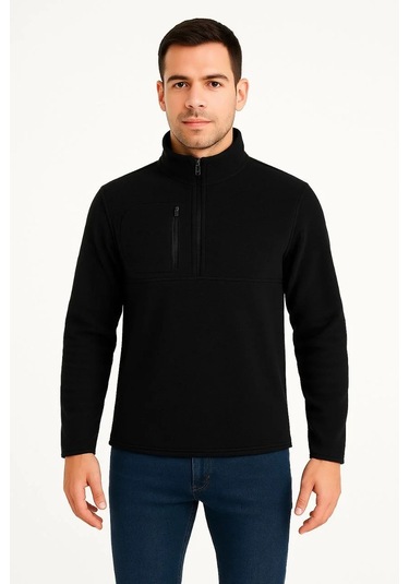 Erkek Polar Kazak Dik Yaka, Yarım Fermuarlı, Fermuarlı Göğüs Cepli, Siyah Biyeli, Kışlık Rahat Reg Siyah