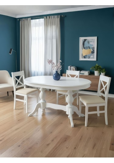 Montclair Çift Baba Ayaklı Masif Ahşap Oval Yemek Masası 90x140 Beyaz