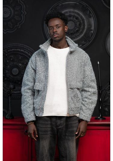 Oversize Crop Model Yan Cepli Astarlı Kırçıllı Mont Gri