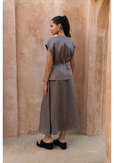 Fiametta Salaş Füme Keten Yelek Etek Takım Füme