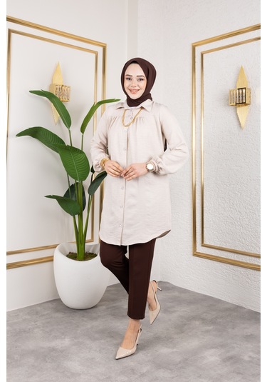 Nevayla Moda Önü Büzgülü Bilek Lastikli Tunik - Bej / Ü104 Bej
