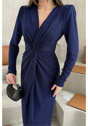 Neşeli Butik Kadın Mavi Anvelop Büzgülü Simli Premium Midi Elbise Nbelb08 Mavi