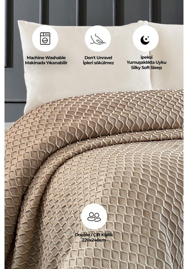 Akrilik Örgü Battaniye Çift Kişilik 220 X 240 Cm Yatak Örtüsü Pike Poly Cappuccino