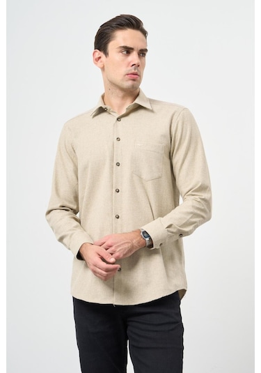 Açık Bej Uzun Kol Düz Gabardin Sert Yaka Cepli Pamuklu Classic Comfort Fit Gömlek 1004245168 Açık Bej