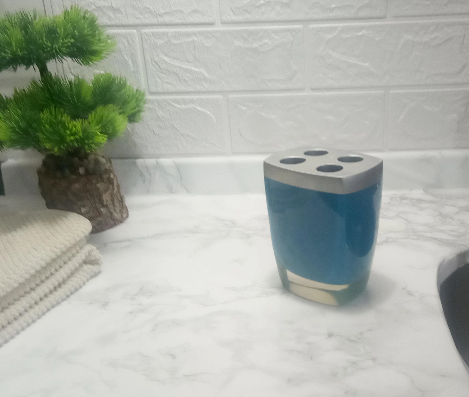 2 Adet Diş Fırçalık Gri Mavi Poliresin 8x4x11cm Banyo Seti Çok Renkli