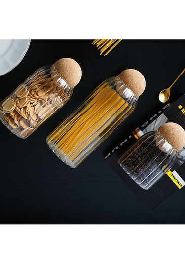 Morponi 3lü Top Mantar Kapaklı Çizgili Cam Kavanoz Ve Baharatlık Seti Şeffaf