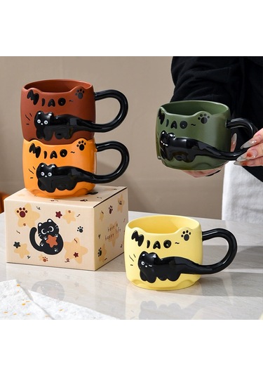 Suofeng Kedi Desenli Seramik Kupa Seti 380ml, Mikrodalga Güvenli, Kahve/süt İçin, Sarı, Ev Kullanıma Uygun Sarı