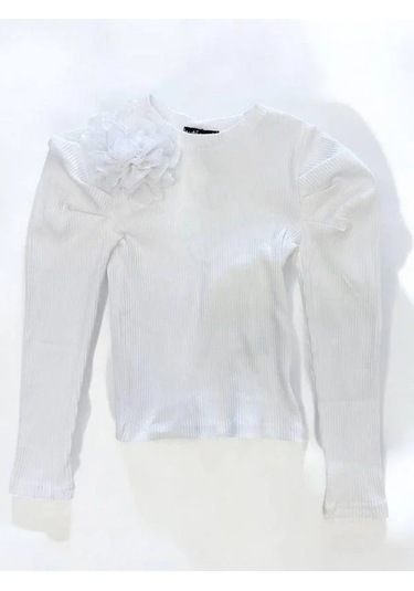 Kız Çocuk Kol Detaylı Çiçekli Fitilli Bluz-14802 Beyaz