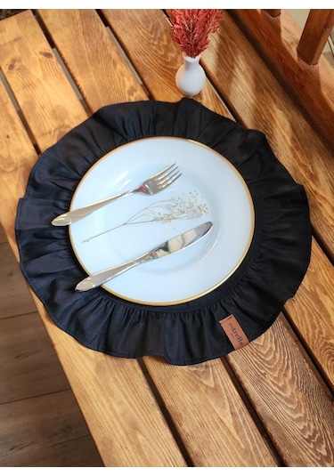 Lizbon Keten Yuvarlak Fırfırlı 2 Li Vintage Amerikan Servis Siyah 40x40