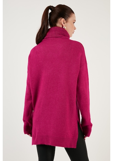 Lela Regular Fit Yanları Yırtmaçlı Boğazlı Yaka Uzun Triko Bayan Kazak 4616141Y Fuşya
