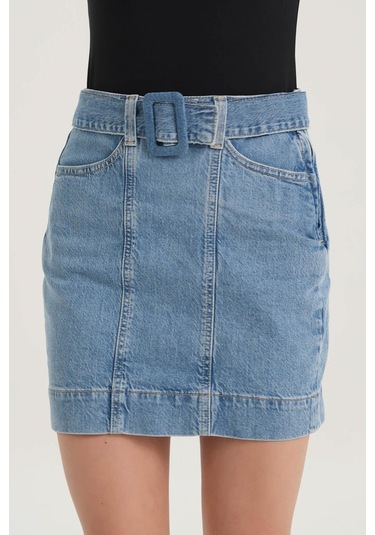 Açık Mavi Yüksek Bel Kemer Detaylı Jean Etek C 4532-034 Açık Mavi