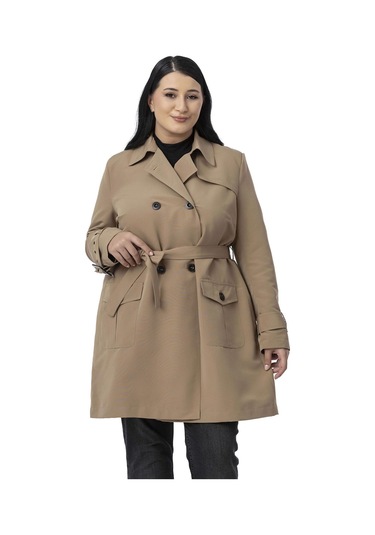 Büyük Beden Kruvaze Kolu Bant Detaylı Cepli Kuşaklı Astarlı Vizon Trençkot Vizon