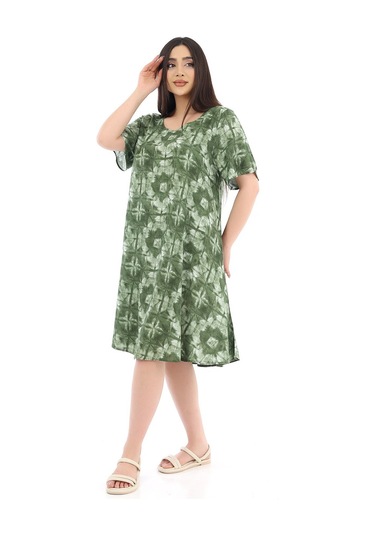 Schık Kadın Viskon Yarım Kol Kare Yaka Elbise Haki Haki