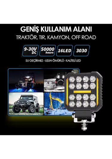 16 Ledli Piksel Model Off Road Sis Farı Beyaz-turuncu 2 Mod Çakarlı Çalışma Lambası 12-24 Volt