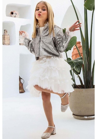 Riccotarz Kız Çocuk Kat Kat Tüllü Etek Ve Pulpayet Kaplamalı Gümüş Ceket Etekli Takım 001