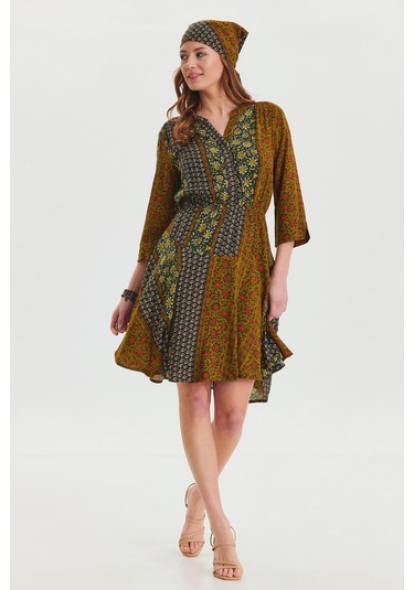 Hakim Yaka Düğme Detaylı Midi Elbise Yeşil