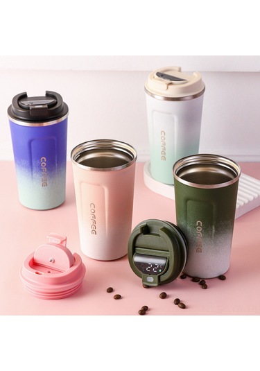 Symbee 510ml Akıllı Sıcaklık Gösteren Paslanmaz Çelik Vakumlu Termos Bardak - Isı Soğuk Tutucu, Araçta Kullanıma Uygun, Düşük Dökme, Grişimli Beyaz Gri