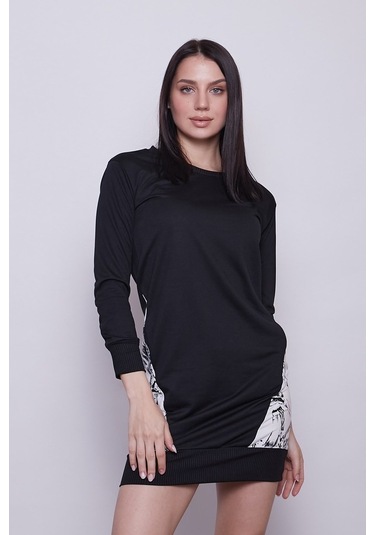 Kadın Sıfır Yaka Cep Detaylı Uzun Kol Sweat Elbise -Siyah
