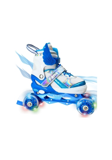 Melek Kanatlı Işıklı Çocuk Pateni Silikon Teker Ayarlanabilir Paten Taşıma Çantalı Mavi Mavi