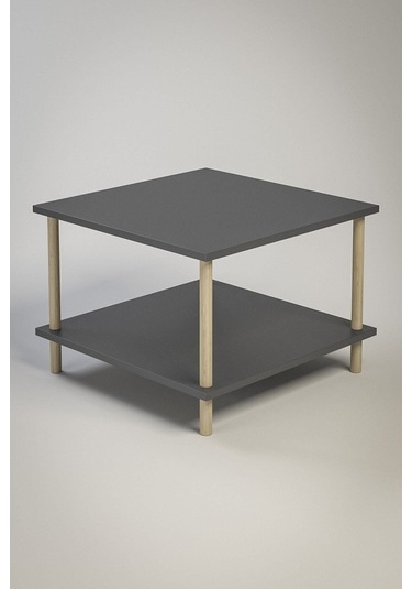 Kare Orta Sehpa Ahşap Ayaklı Sehpa Iki Raflı Sehpa Dekoratif Sehpa Gazetelikli-antrasit - 60x60