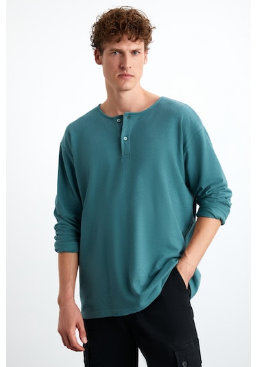 Lorenzo  Erkek Özel Rustik Dokulu %100 Organik Pamuk Düğme Detaylı Regular Yeşil Sweatshirt