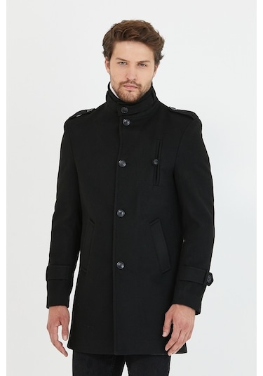 Erkek Siyah Dar Kesim Dik Yaka Uzun Kaşe Kaban-Siyah