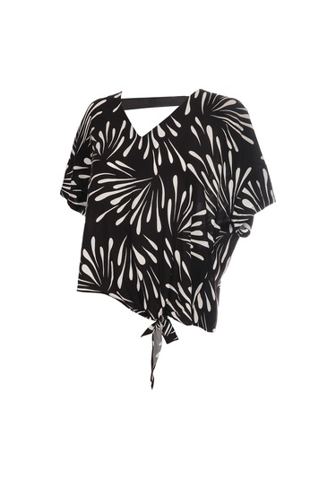Ysatis Oversize V Yaka Kısa Kol Crop Bluz - Yazlık Siyah