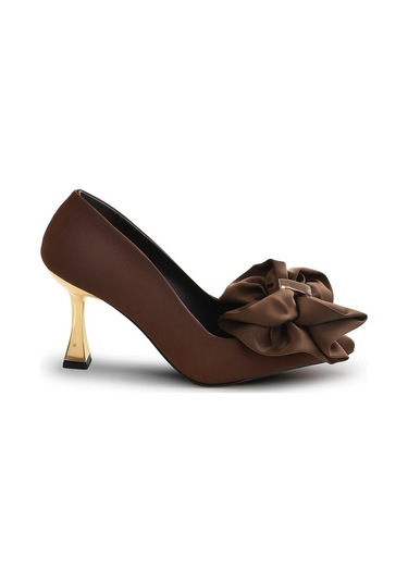 Kadın Gold Topuk Saten Fiyonk Detaylı Topuklu Ayakkabı Kahverengi