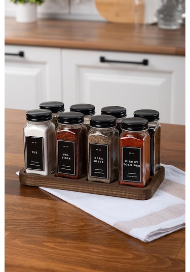 Mienda Home 8'li Ahşap Standlı Cam Baharatlık Seti Siyah Kapaklı Etiketli Baharatlık Mh01syh08 Siyah - Şeffaf