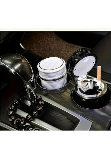 Kristal Pırlanta Taş Görünümlü Mavi Led Işıklı Lüx Oto Küllük Kapaklı Araç İçi Küllük Siyah